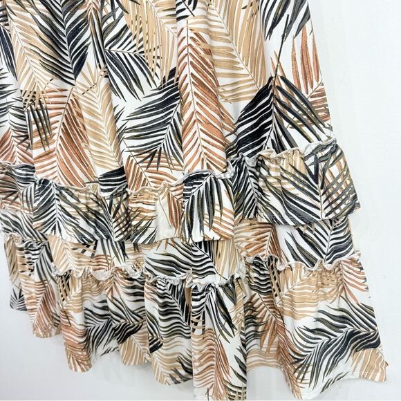 Robert Louis White Brown Tropical Palm Leaf Print Iered Ruffle Maxi Skirt NEW - Picture 10 of 13